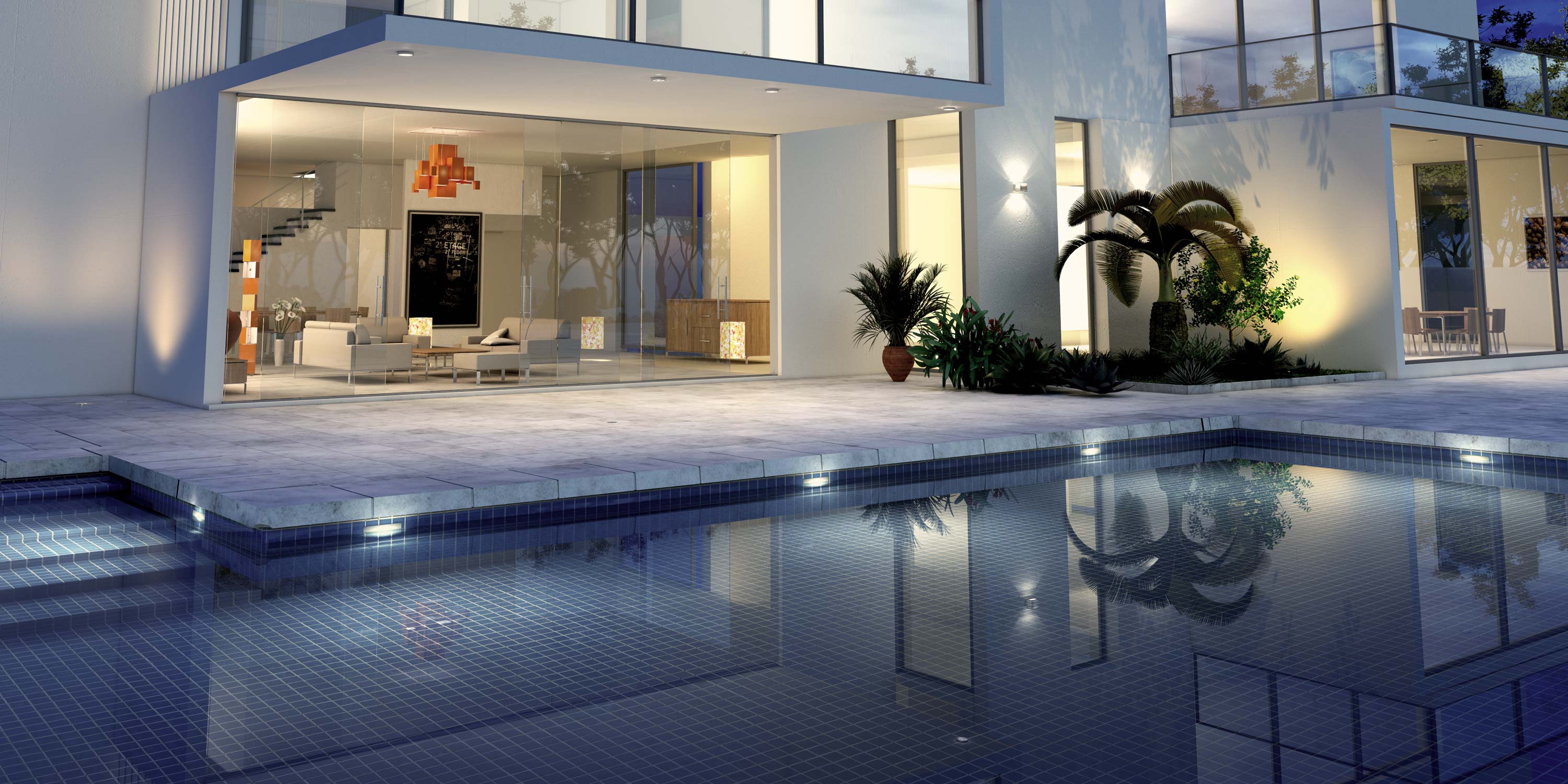 blue toned image of pool at dusk