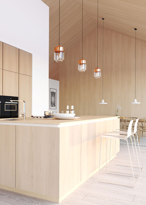 Modern wooden interior with pendant lighting. 