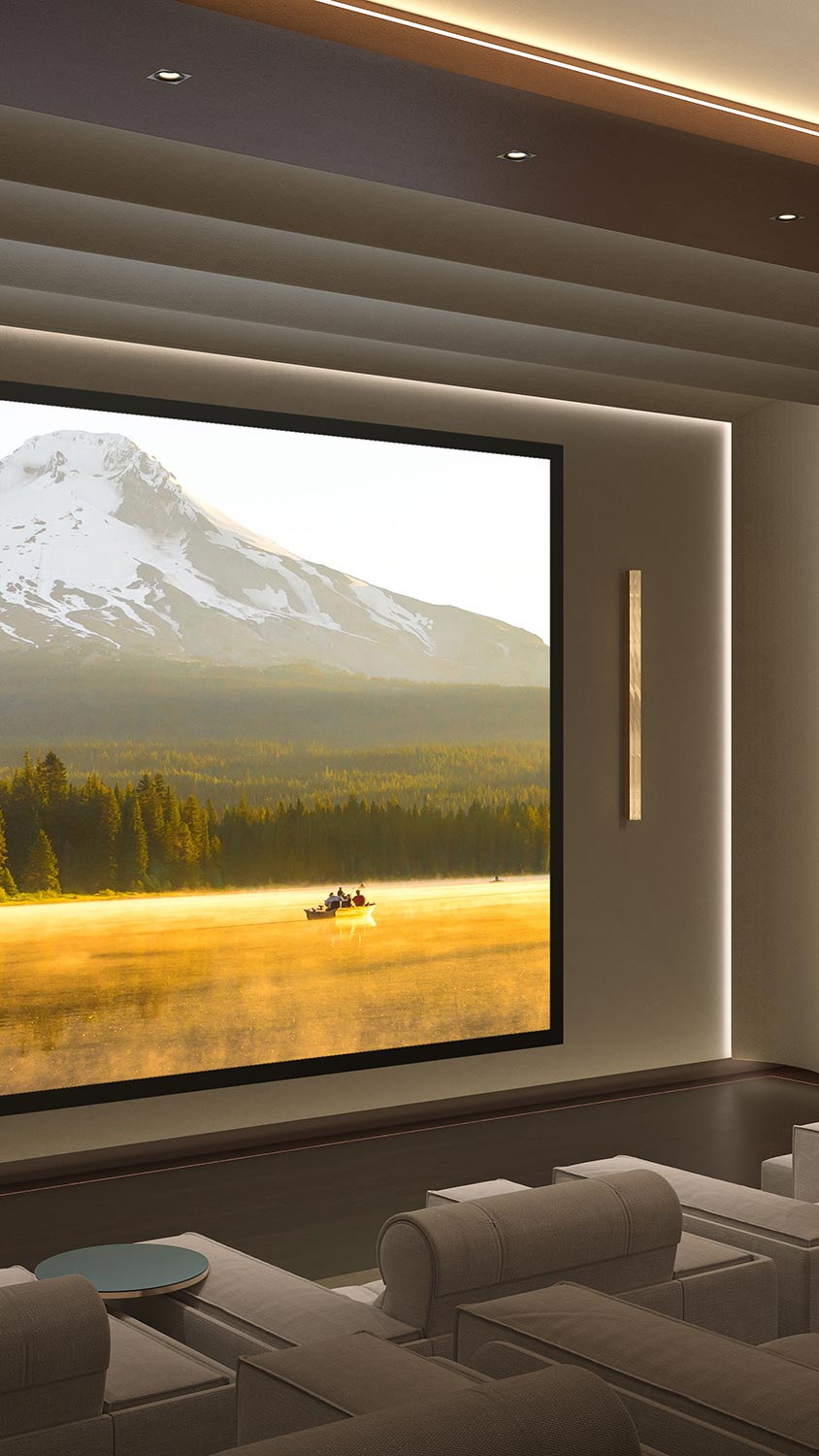 Modern home theater with large screen and mountain scene