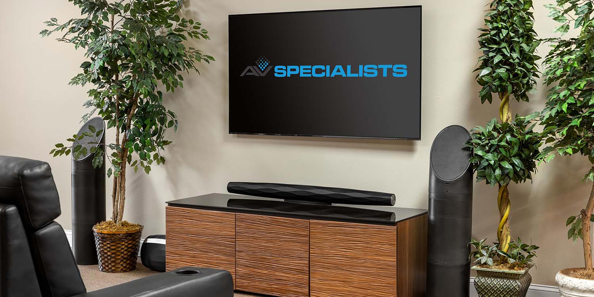 AV showroom with flat-screen TV, sound system, and potted plants