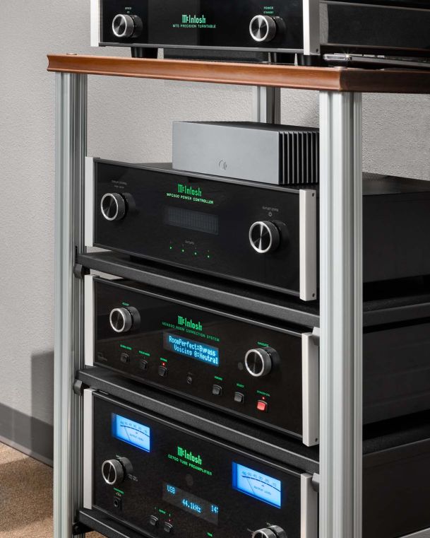 Close-up of McIntosh audio components in rack system