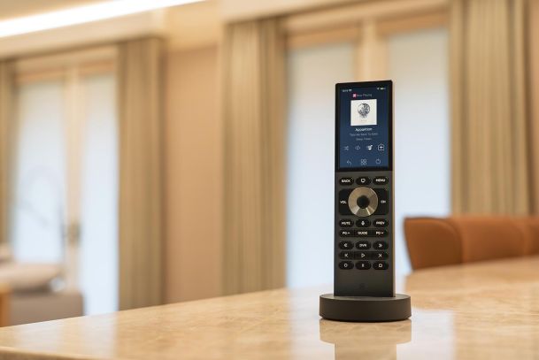 Smart remote control with display screen on marble counter