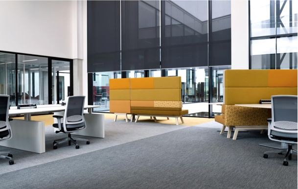 Modern open office with ergonomic chairs and partitioned seating