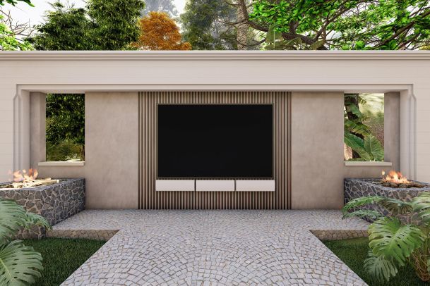 Modern luxury house with pool, large windows, and green lawn